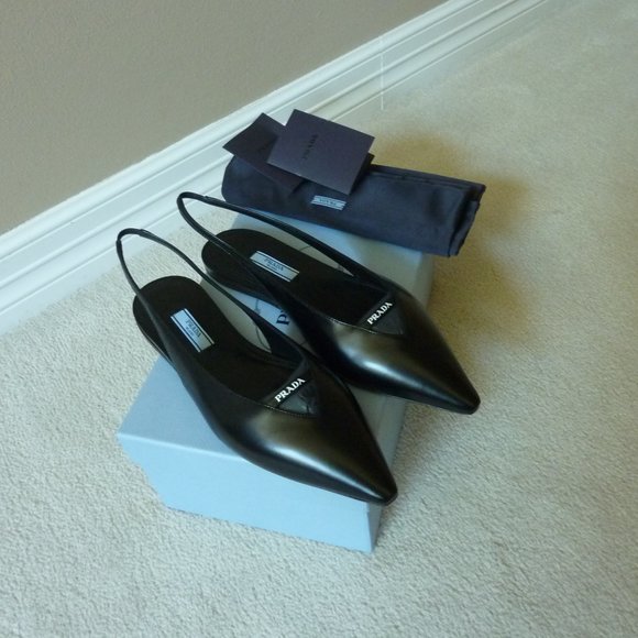 Prada Brushed Leather Slingback Logo Detail Flats - Picture 5 of 13